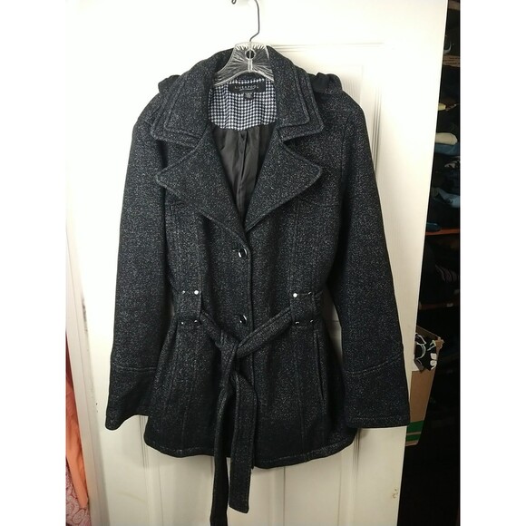 Liverpool Hooded Trench Mid  Belted Coat Woman XL Black Speckled Lined Pockets - Picture 2 of 16